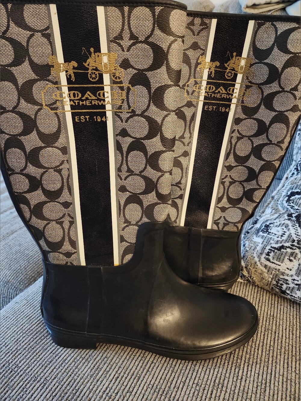 Coach Women’s Black & White Signature Rain Boots With gold Coach Stamp